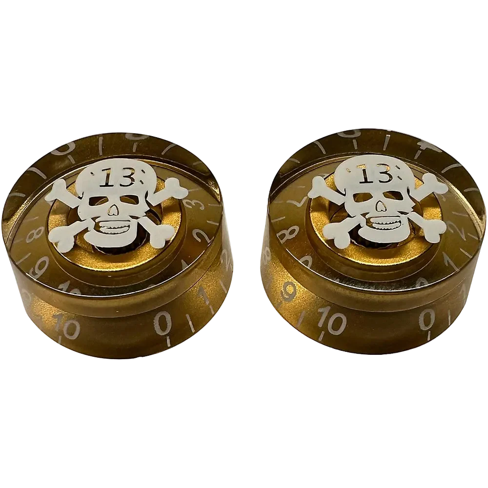AxLabs - Speed Knobs with Skull Graphic - 18 Spline (Set of 2) - Gold with white printing.
