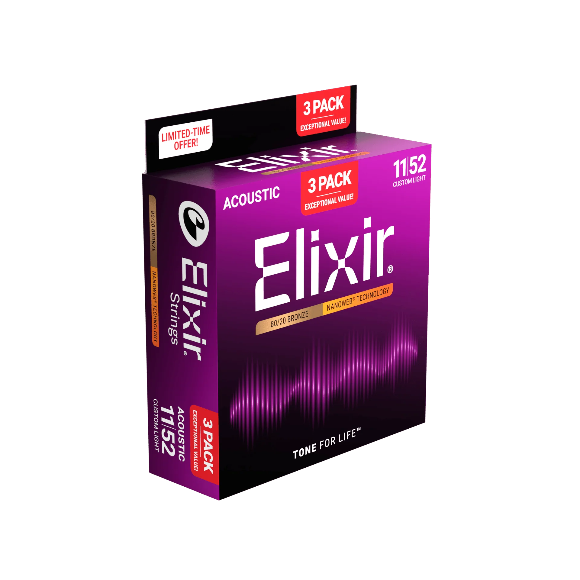 Elixir - 3-Pack 80/20 Bronze Acoustic Guitar Strings with NANOWEB Technology - 11/52 - ACC16564 3PK 8020 Custom Light - Image 3