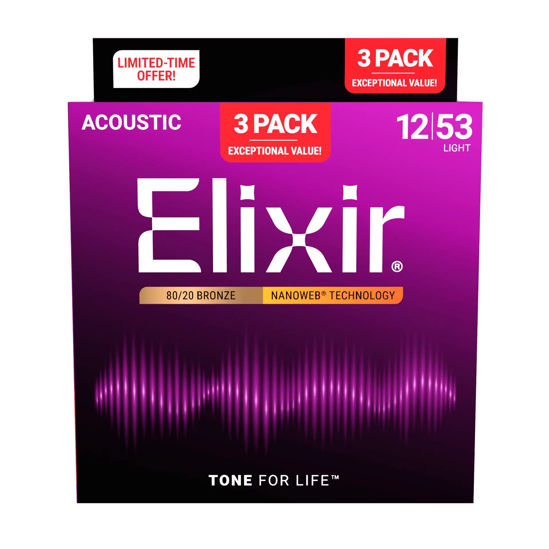 Elixir - 3-Pack 80/20 Bronze Acoustic Guitar Strings with NANOWEB Technology  - 12/53 - ACC16565 3PK 8020 Light
