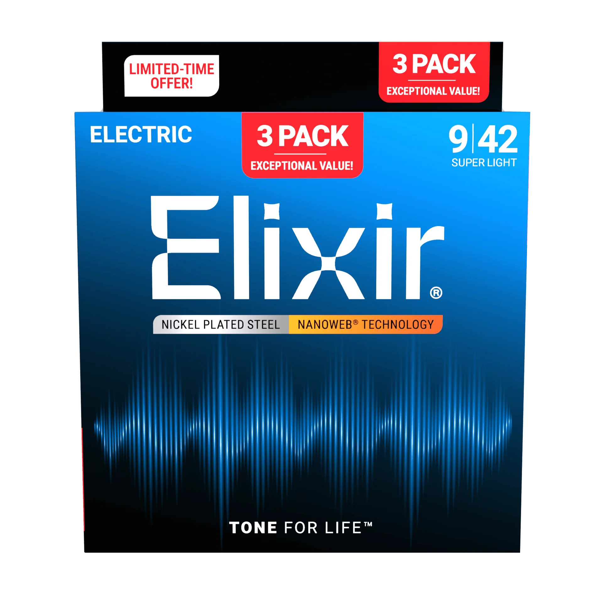 Elixir - 3-Pack Nickel-Plated Steel Electric Guitar Strings with NANOWEB Technology 9/42 - 16566 3PK Super Light