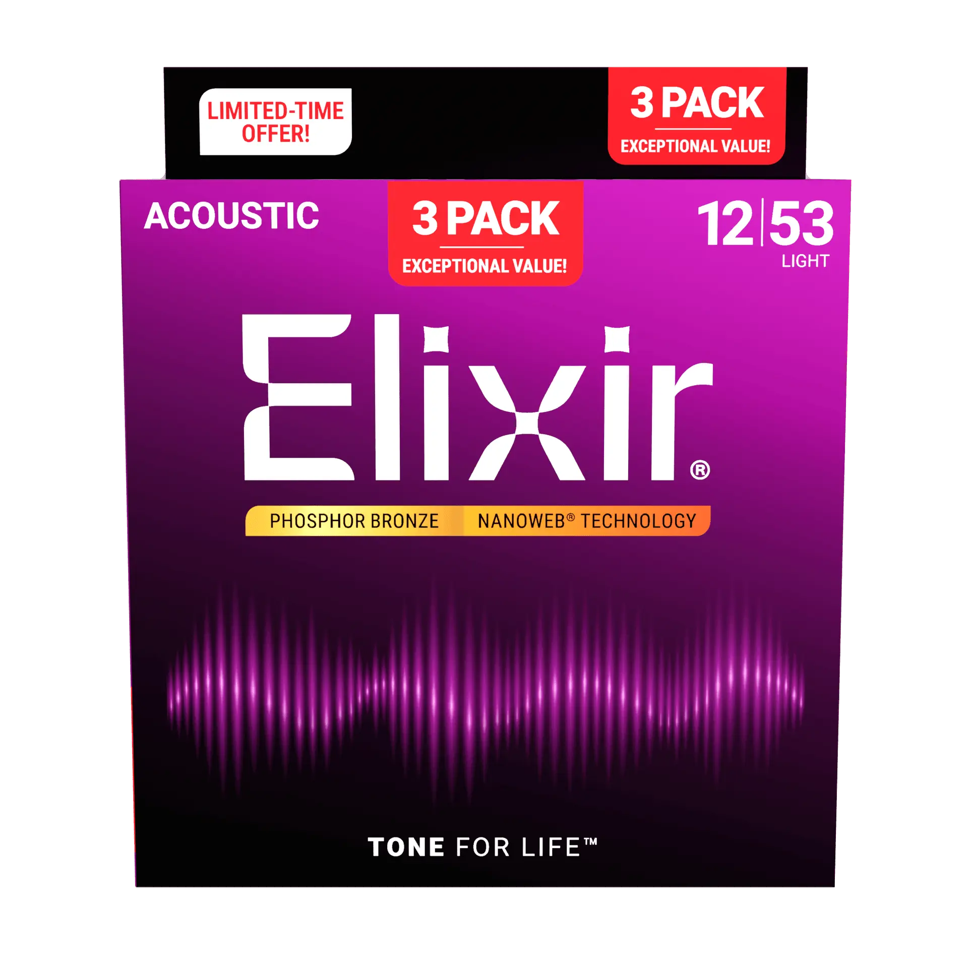 Elixir - 3-Pack Phosphor Bronze Acoustic Guitar Strings with NANOWEB Technology 12/53 - ACC16569 3PK PH Light