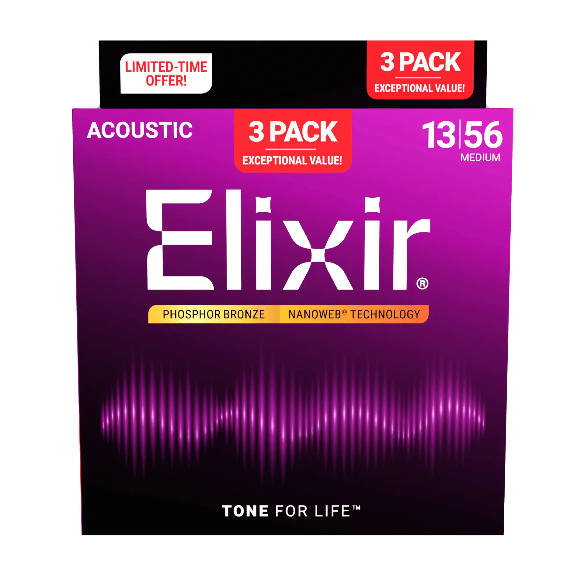 Elixir - 3-Pack Phosphor Bronze Acoustic Guitar Strings with NANOWEB Technology 13/56 - ACC16570 3PK PH MED